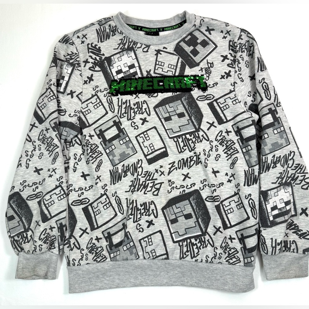 MINECRAFT Kids Sweatshirt L 10/12 Sequin Logo Creeper‎ Graphic Unisex Gamer